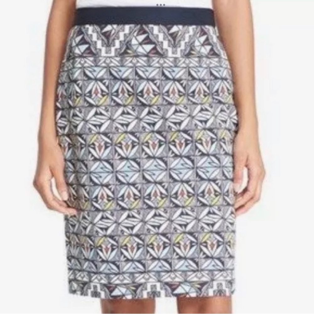 Tory Burch / Blue Geometric Printed Ponte Knit Pencil Skirt Size M